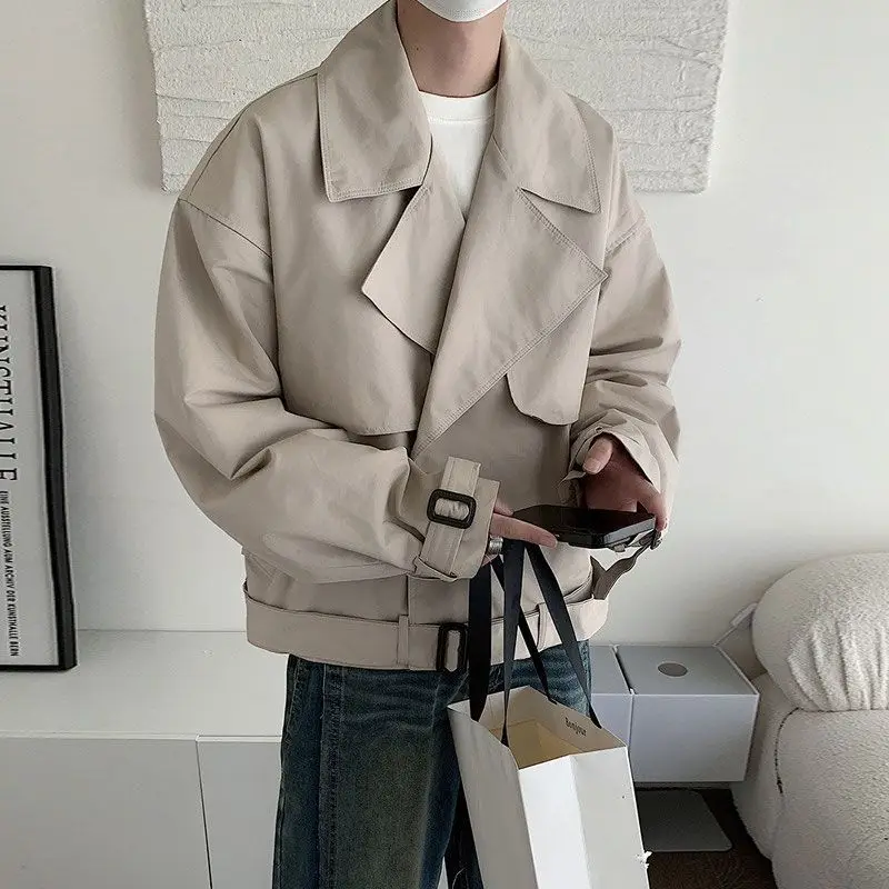 

Autumn Jacket Men Korean Style Short Trench Coat High Street Fashion Loose Fit Turn Down Collar Casual Stylish Outerwear Tops
