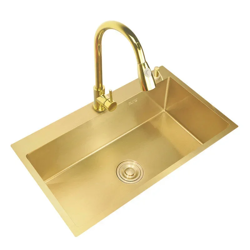 Gold Kitchen Sink Above Counter or Undermount 304 Stainless Steel Single Bowl Goldn Basket Drainer Soap Dispenser Washing Basin