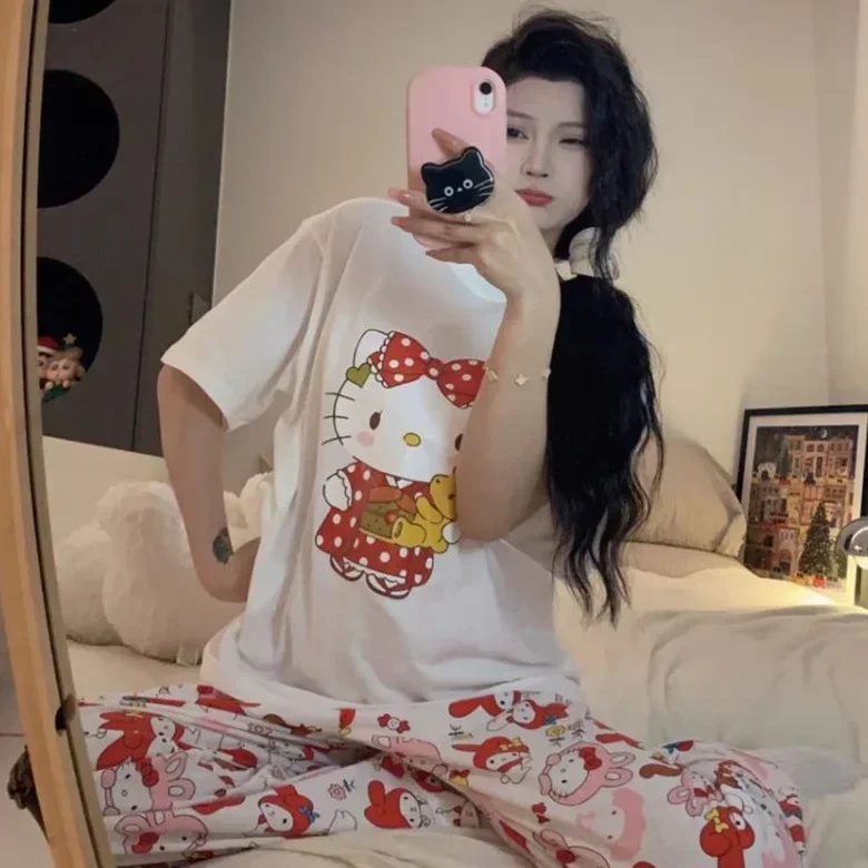 Sanrio hello kitty Round Neck Pajamas Women's Summer Thin Short Sleeve Trousers T-Shirt New Fashion Home Clothes Suit sleepwear