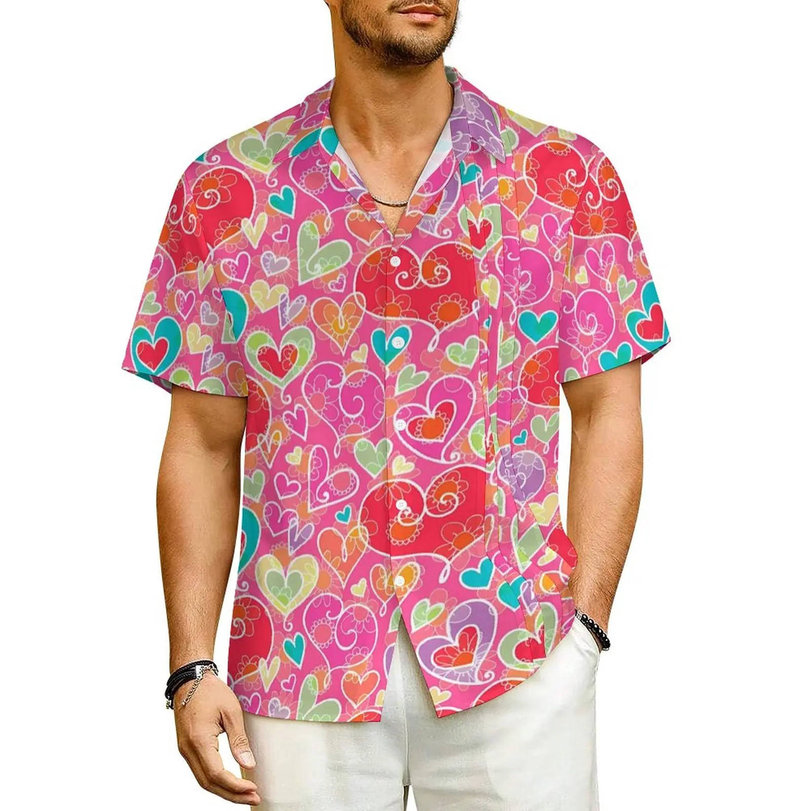 

Hawaii Shirt Beach Valentine Hearts Blouses Flowers Print Novelty Casual Shirts Mens Short-Sleeve Streetwear Oversized Top