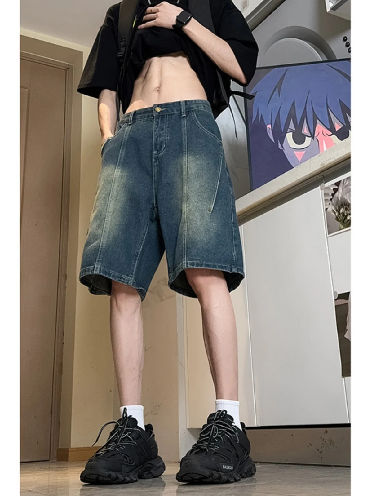 

Retro American Blue Denim orts Men Summer Waed Loose Five-Quarter Length High Street Knee-High Six-Quarter Pants