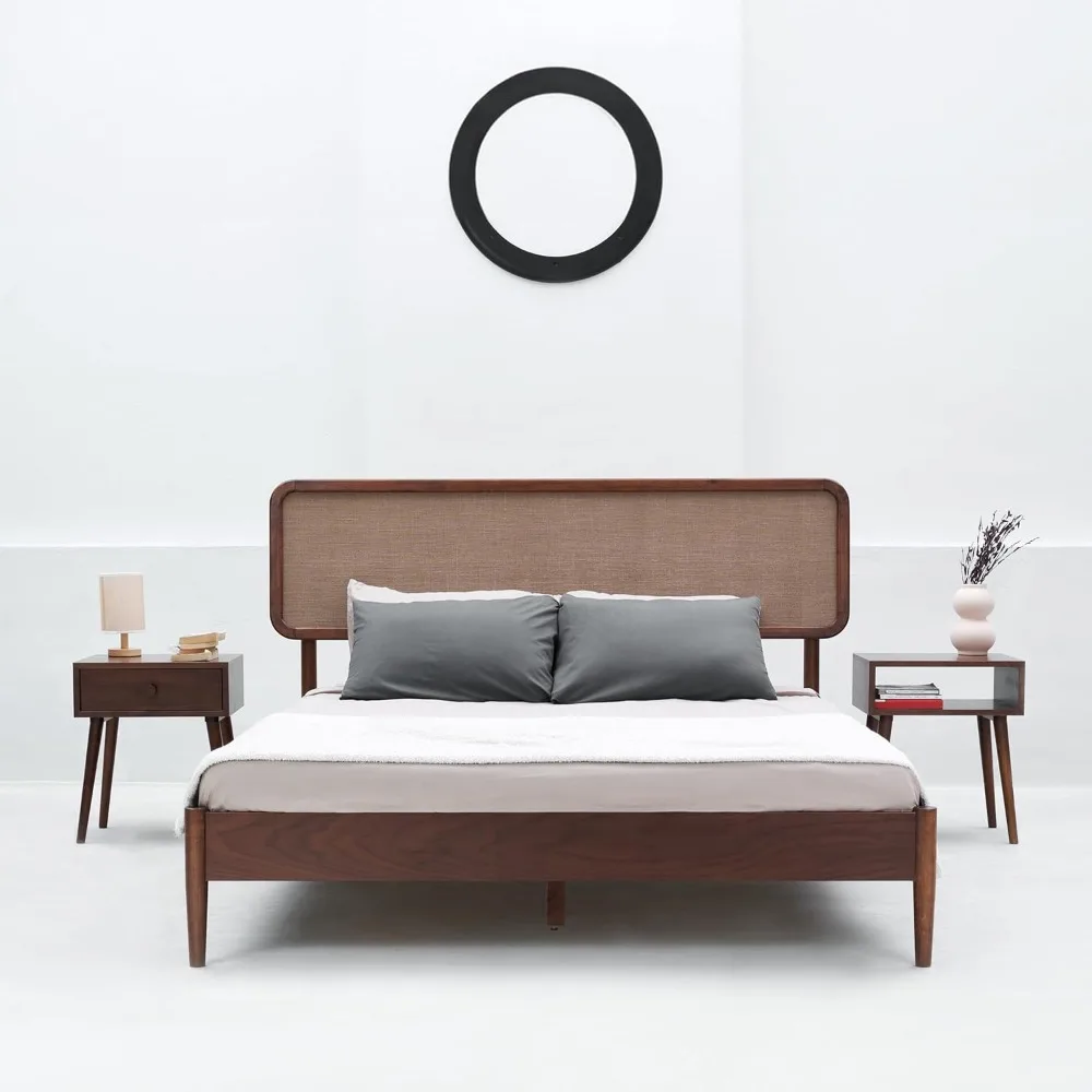 Walnut and Rubber Wood NTC Lupin Bed Frame with Headboard, featuring Silent Slats and Central Wood Supports, supporting up to 10