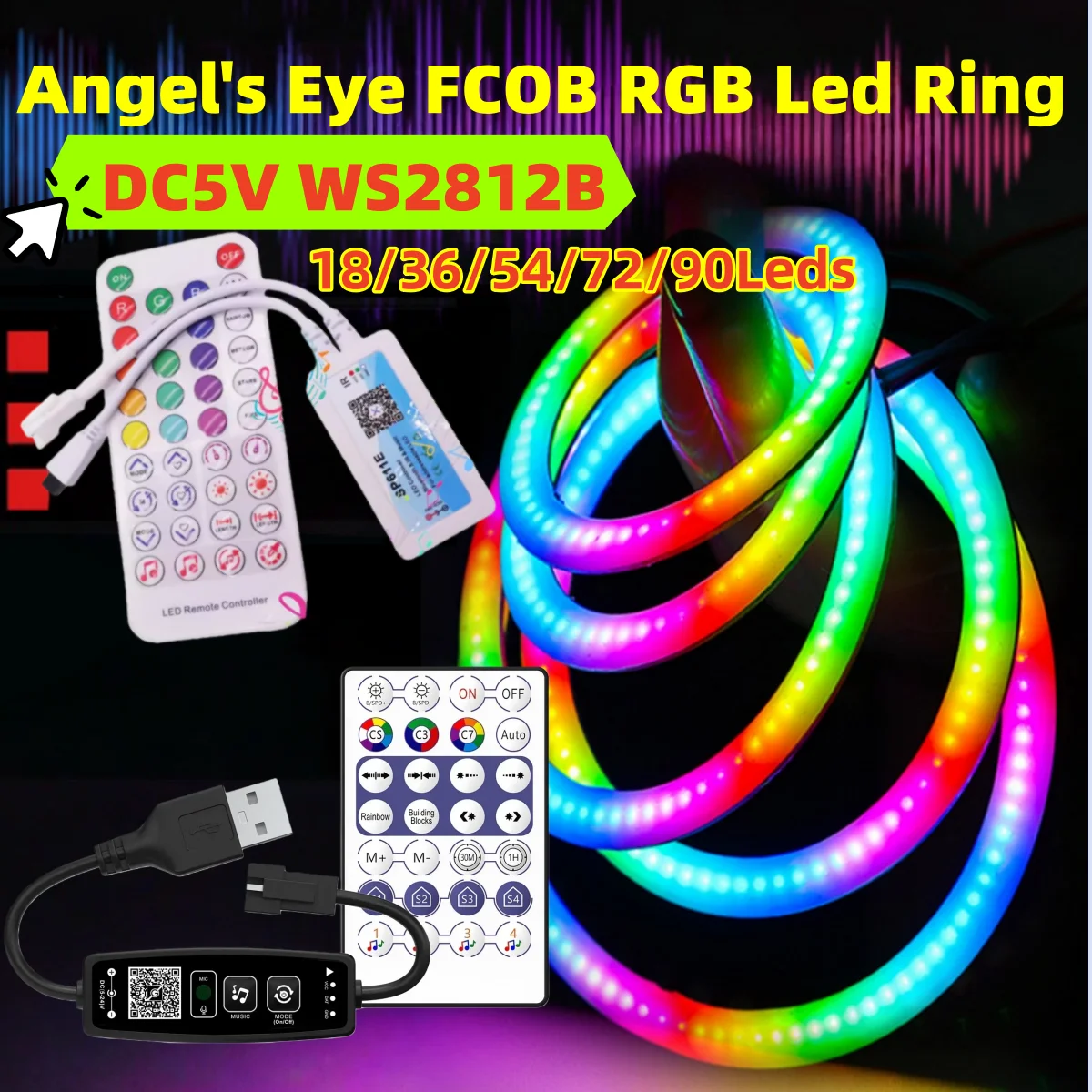 

Angel's Eye DC5V WS2812 FCOB RGB Led Ring 18/36/54/72/90Leds Individually Addressable 28Key /SP611e Bluetooth APP LED Controller