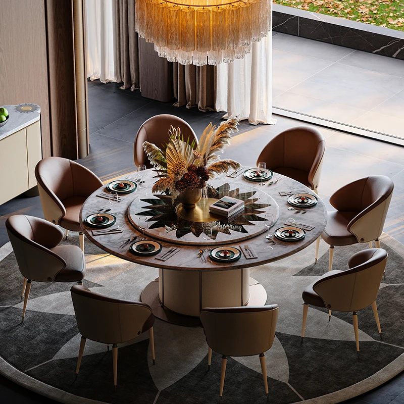 

Round dining table villa mansion whole house with restaurant series, Italian light luxury dining table and chair combination
