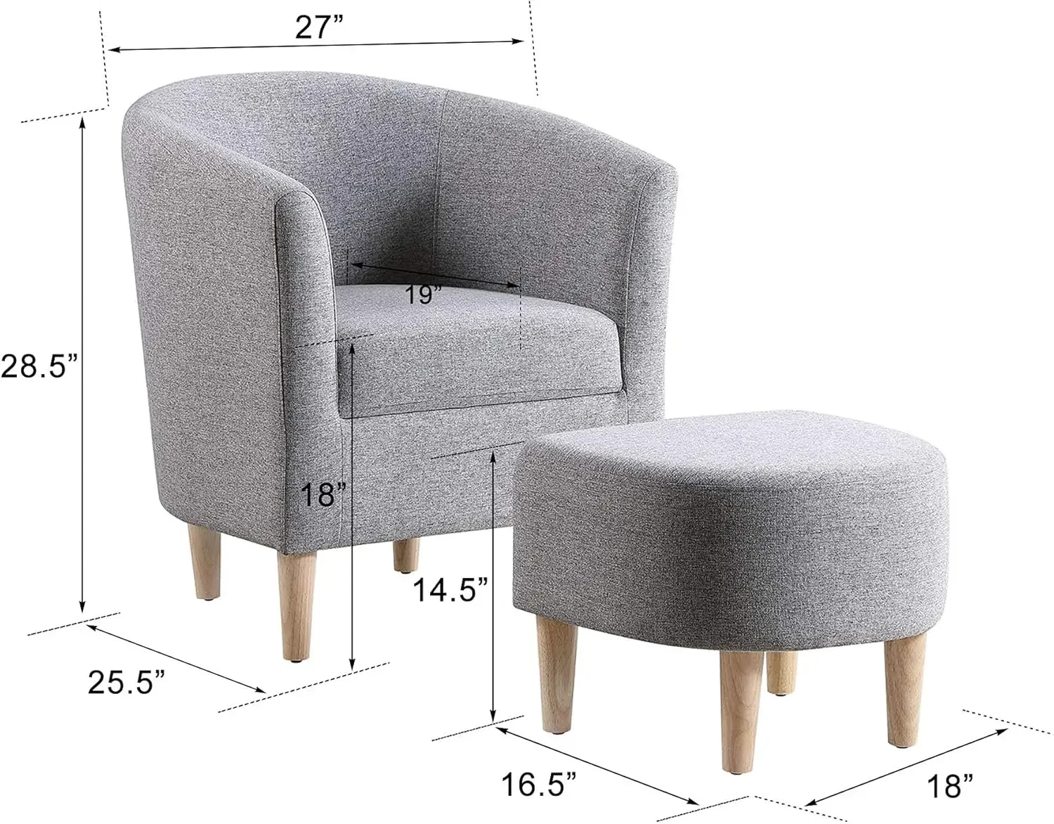 Chair with Ottoman, Mid Century Modern Barrel Comfy Fabric Armchair and Footrest Set, Upholstered Club Tub Round Arms Cha