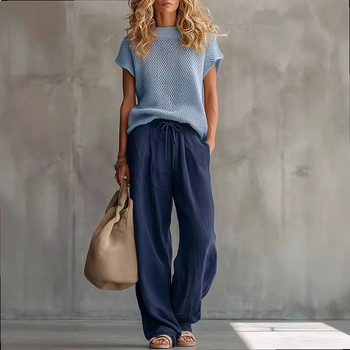Knitted Short Sleeve Top and Linen Wide Leg Pants Matching Set Women Retro Spring Summer Two Piece Outfit