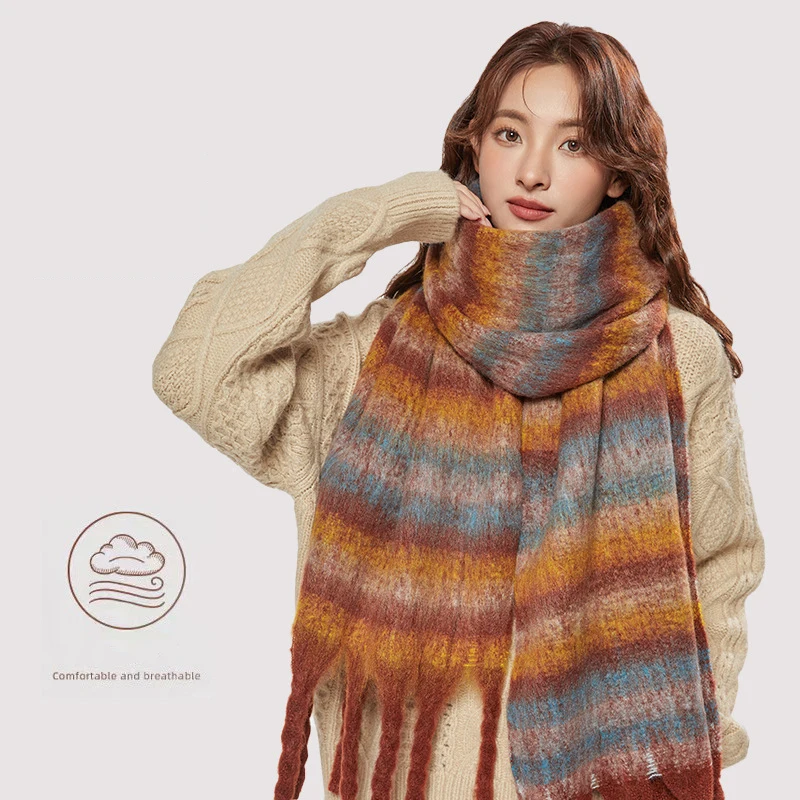 

Зимний новый мохеровый полосатый женский шарф для девочек, женские теплые утолщенные длинные шарфы, мягкая грубая шаль с кисточками, ретро шали с запахом