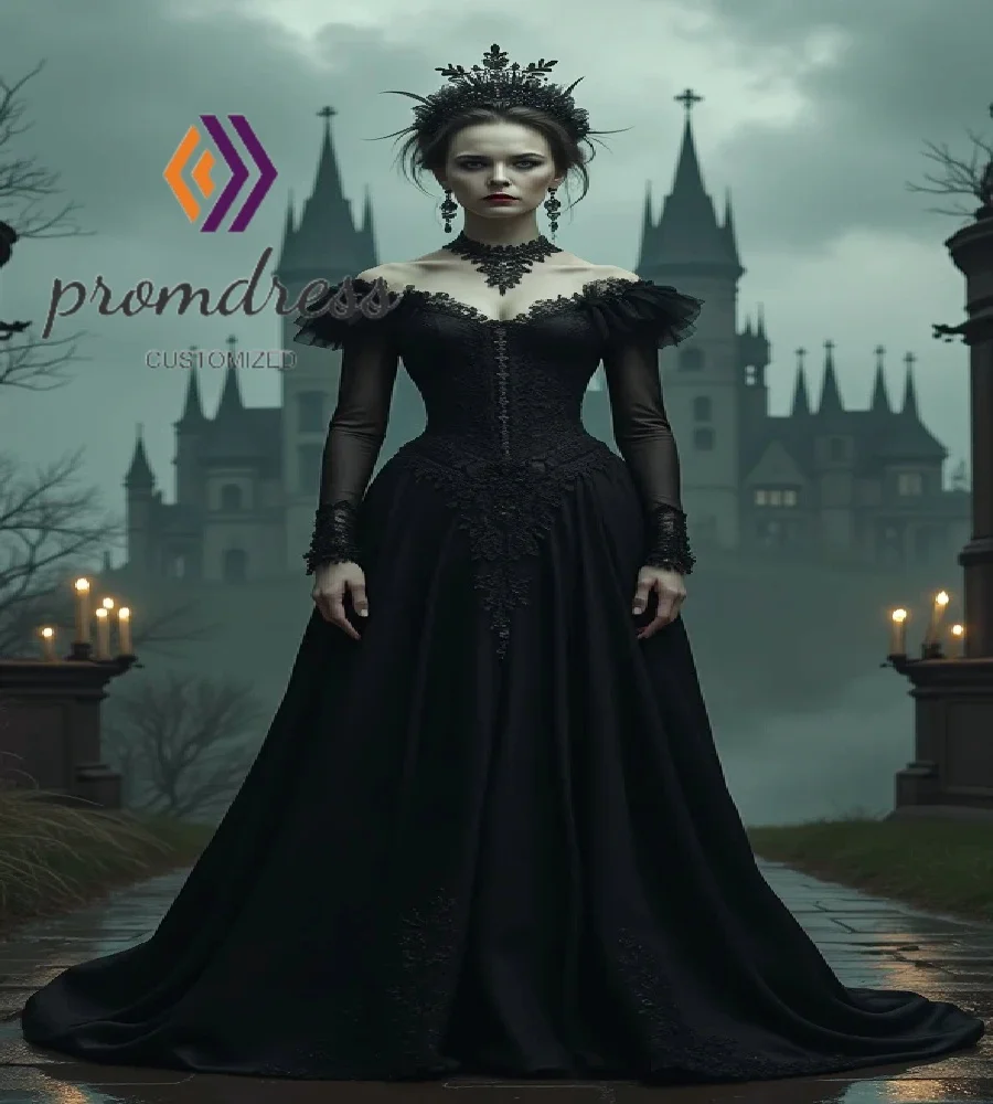 

Halloween Black Medieval Evening Dress Off Shoulder Long Sleeve Lace Gothic Prom Dress Elf Renaissance Costume Formal Party Gown