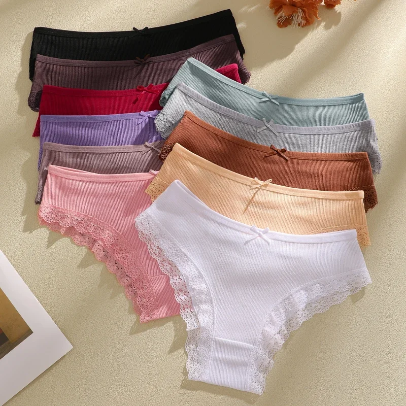 5PCS Women's Seamless Cotton Fabric Panties Sexy Lace Bowknot Cross Belt Briefs Female Solid Color Breathable Intimate Lingerie