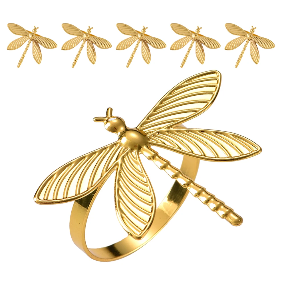 

6pcs Golden Dragonfly Napkin Rings Elegant Metal Buckles for Cloth Party Decorations Creative Restaurant Dining Decors