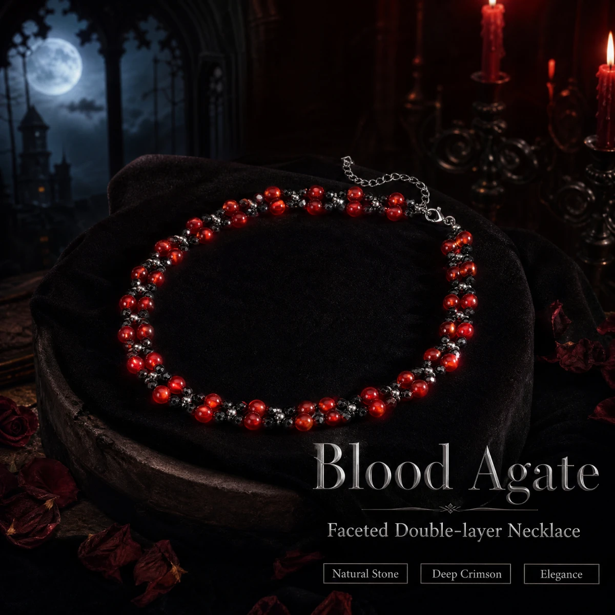 Gothic Black Spinel & Red Onyx Necklace, Halloween Gift