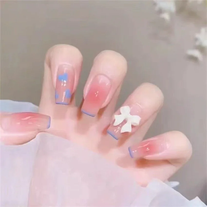 24Pcs/Set Bow Design Sweet Press on Nail Simple Polka Dot Acrylic Wearing False Nails French Stick Full Coverage Fake Nail Tips