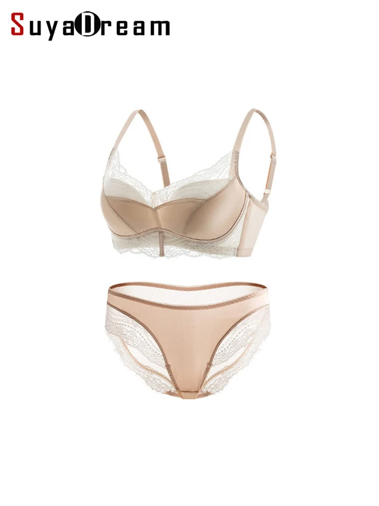 Women Mulberry Silk Lingerie Set Ultra Thin Wireless Bra Panty Set 3/4 Cup Lace Decor No Underwire Comfort Everyday Underwear
