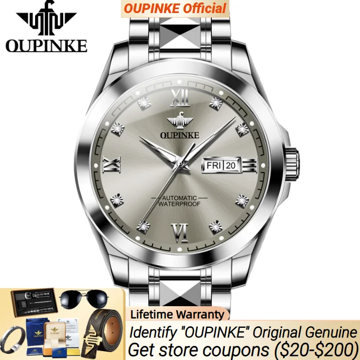 

OUPINKE 3262 Мужские часы Классический двойной календарь Дисплей Циферблат Алмазная римская шкала Импортные японские наручные часы с автоматическим механизмом