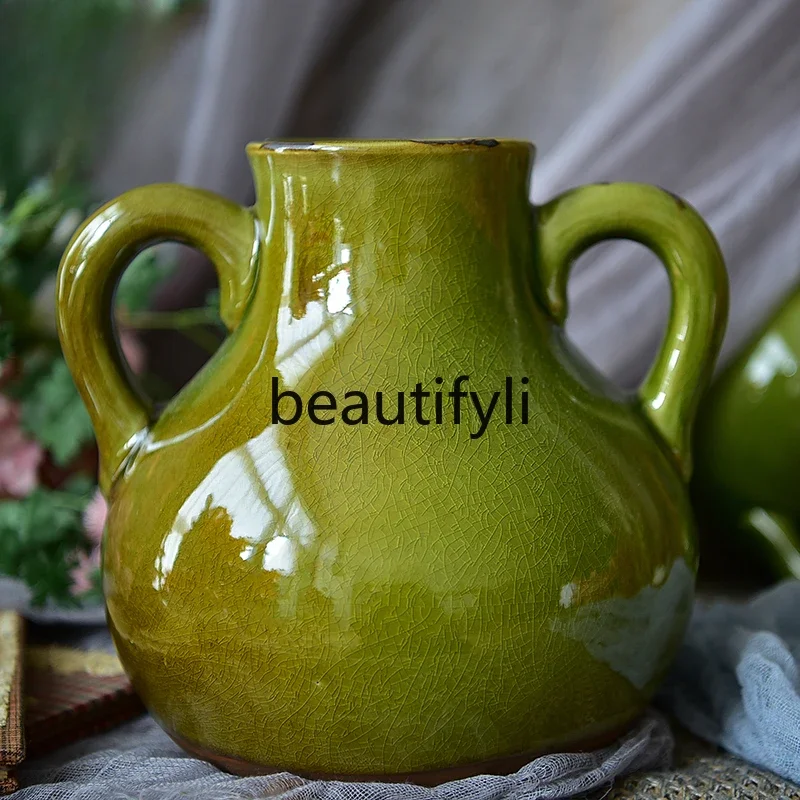 European ceramic vase American flower arrangement dining table green binaural Chinese ice crack decorative ornament