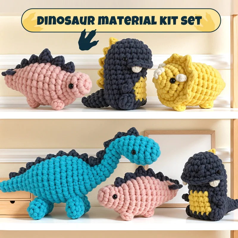DIY Dinosaur Crochet Kit for Beginners with English Video Tutorials Premium Cotton Yarn Adult Stress Relief Starter Craft Set