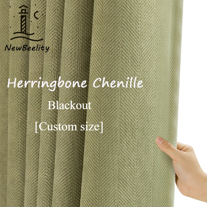Matcha Green Chenille Herringbone Nica Curtains for Living Room Bedroom Dining Thickness Blackout Sunscreen Soundproof Simple