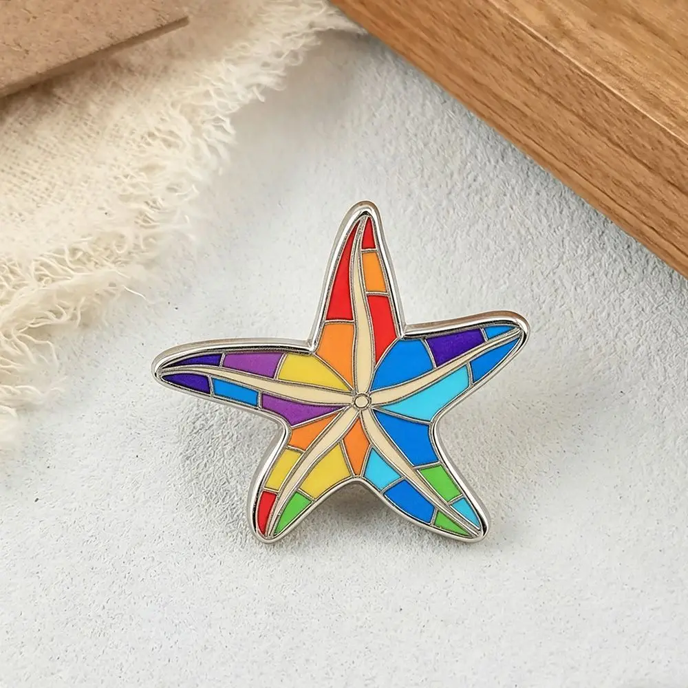 1PC Colorful Starfish Brooch Rainbow-colored Metal Badge Vintage Stained Glass Style Starfish Brooch Lapel Pins Craft Gift