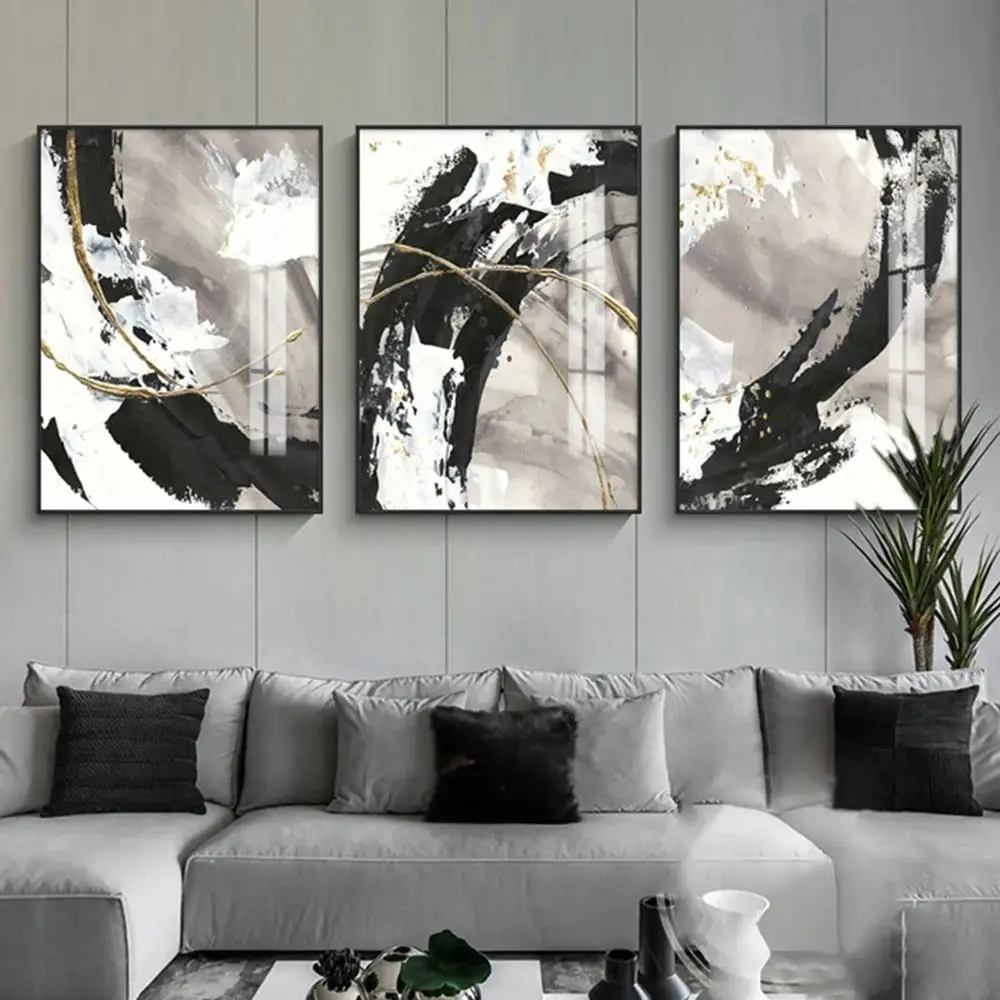 Branco cinza hd pintura a óleo da lona poster imprime casa quarto sala de estar decoração moderna abstrata arte da parede estilo mármore preto