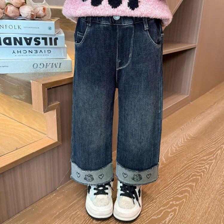 

1-8Y Girl Autumn Winter Velvet Jeans Love Cat Embroidery Wide Leg Kid Girl Denim Pants Casual Elastic Waist Toddler Girl Trouser