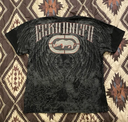 Imagen 2 del producto Camiseta Harajuku ECKO Retro gris texturizada con estampado de alas grandes, Camiseta de algodón estilo Grunge, estilo gótico de verano, mangas cortas de la vieja escuela