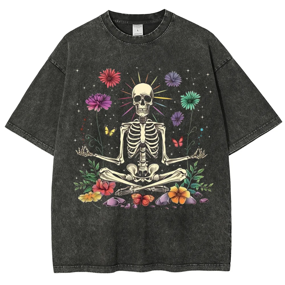Vintage Washed T‑Shirt Meditation Skeleton Floral Butterfly Graphic Tee Retro Gothic Aesthetic Loose Oversized Short Sleeve Top