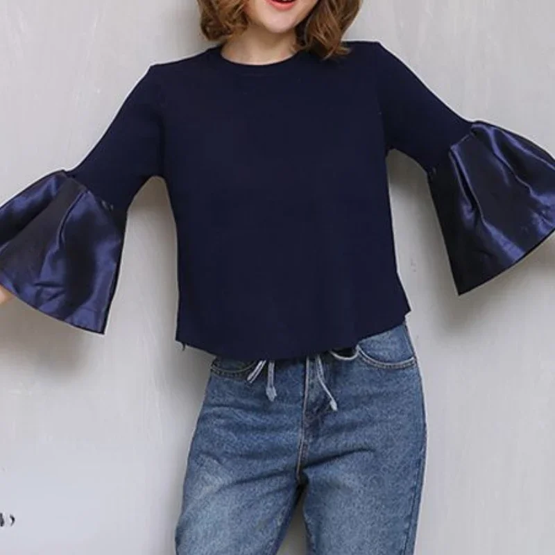 OCEANLOVE Patchwork Women Pullovers Stripes Flare Sleeve Vintage Sweet Spring Autumn Sweaters Korean Fashion Knitwears