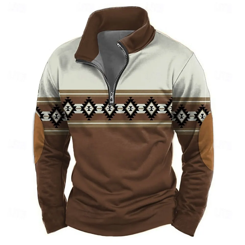 

Fashion Stand Collar Men's Half Zip Long Sleeve Sweatshirts Vintage Nation Style Tops Autumn Winter Casual Pullover Men Clothing