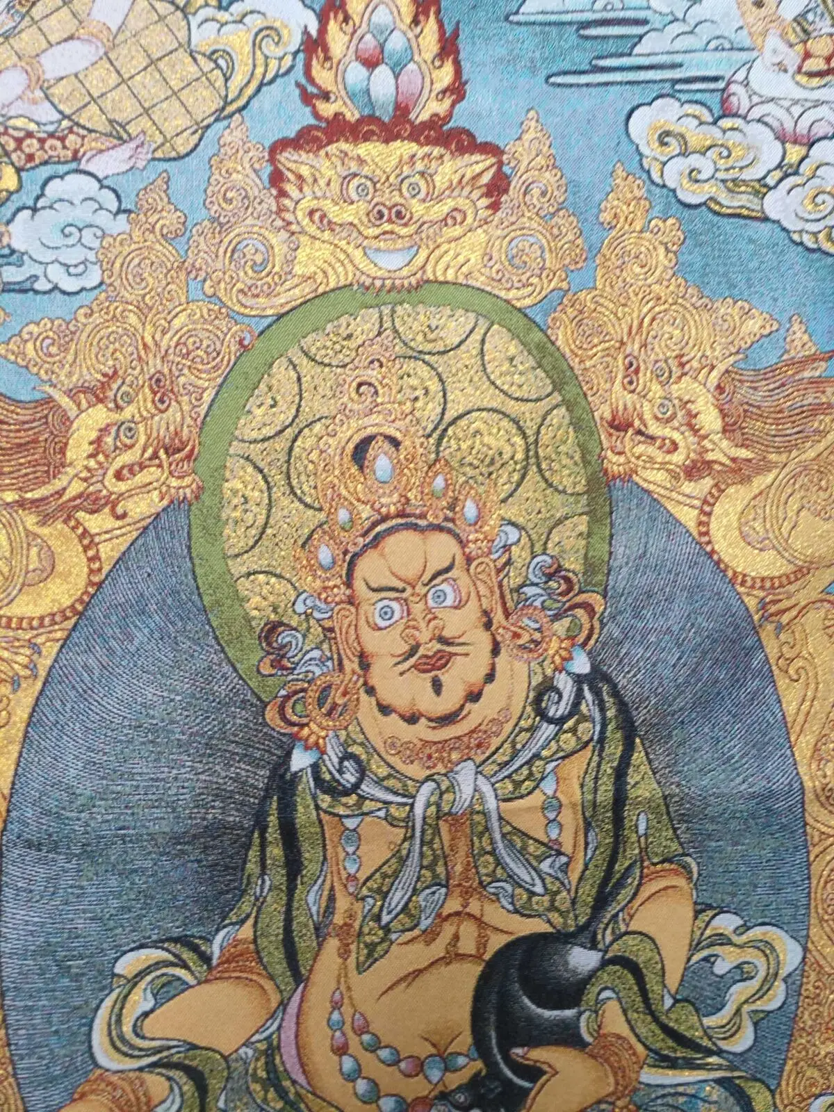 Rare Tibetan Cloth Silk Bon Religion Yellow Jambhala Tangka Mural 36