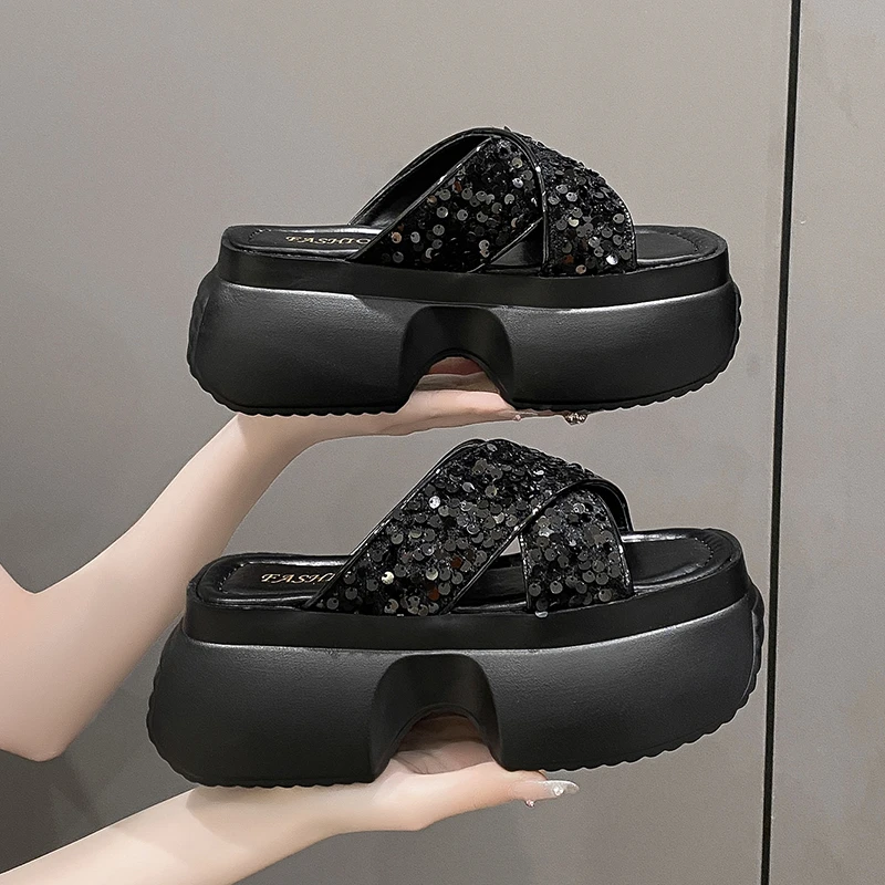 Silver Bling Casual Slippers 8cm Chunky Platform Gladiator Sandals Black Sequin Summer Shoes Women Heels Sandale Ete Femme 2024