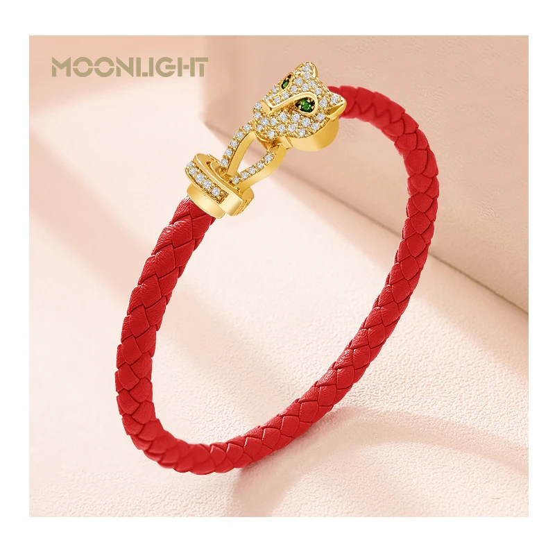MOONLIGHT Classic Design Exquisite Cheetah Zircon Bracelet for Women Braided Leather Bracelet Quality Banquet Couples Gift