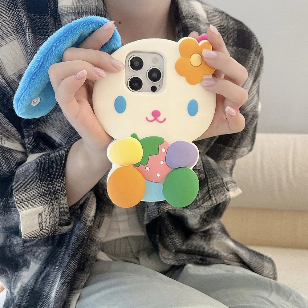 Japan Ins Rainbow Bunny Rabbit Weiche Silikonhülle für iPhone 16 15 14 13 12 Pro Max 3D Cartoon stoßfeste Abdeckung mit Riemenohr – Detail 8