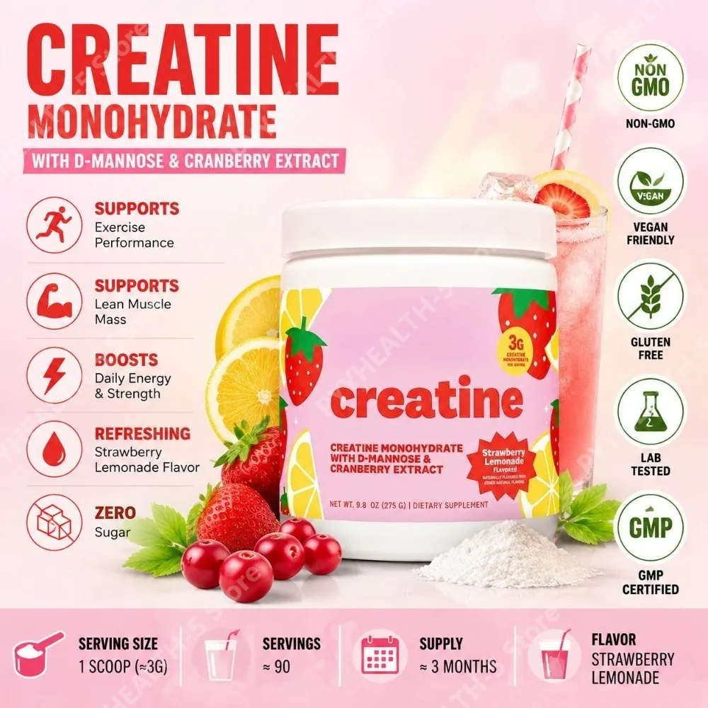 Creatine Monohydrate Powder Supplement 3g Serving Vegan Formula Strawberry Lemonade Flavor Zero Sugar for Active Lifestyle