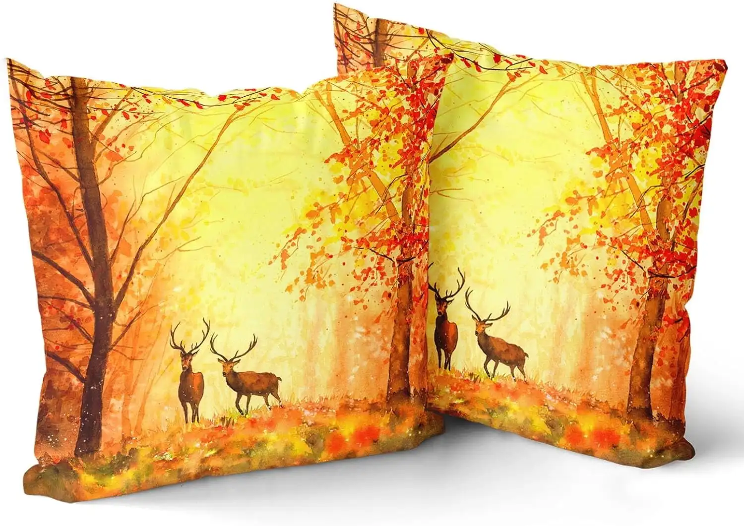 Golden Autumn Leaves Pillow Covers 20x20 Inch Set of 2, Wildlife Elk Deer Animal Throw Pillow Covers Square Cotton Fall Cushion