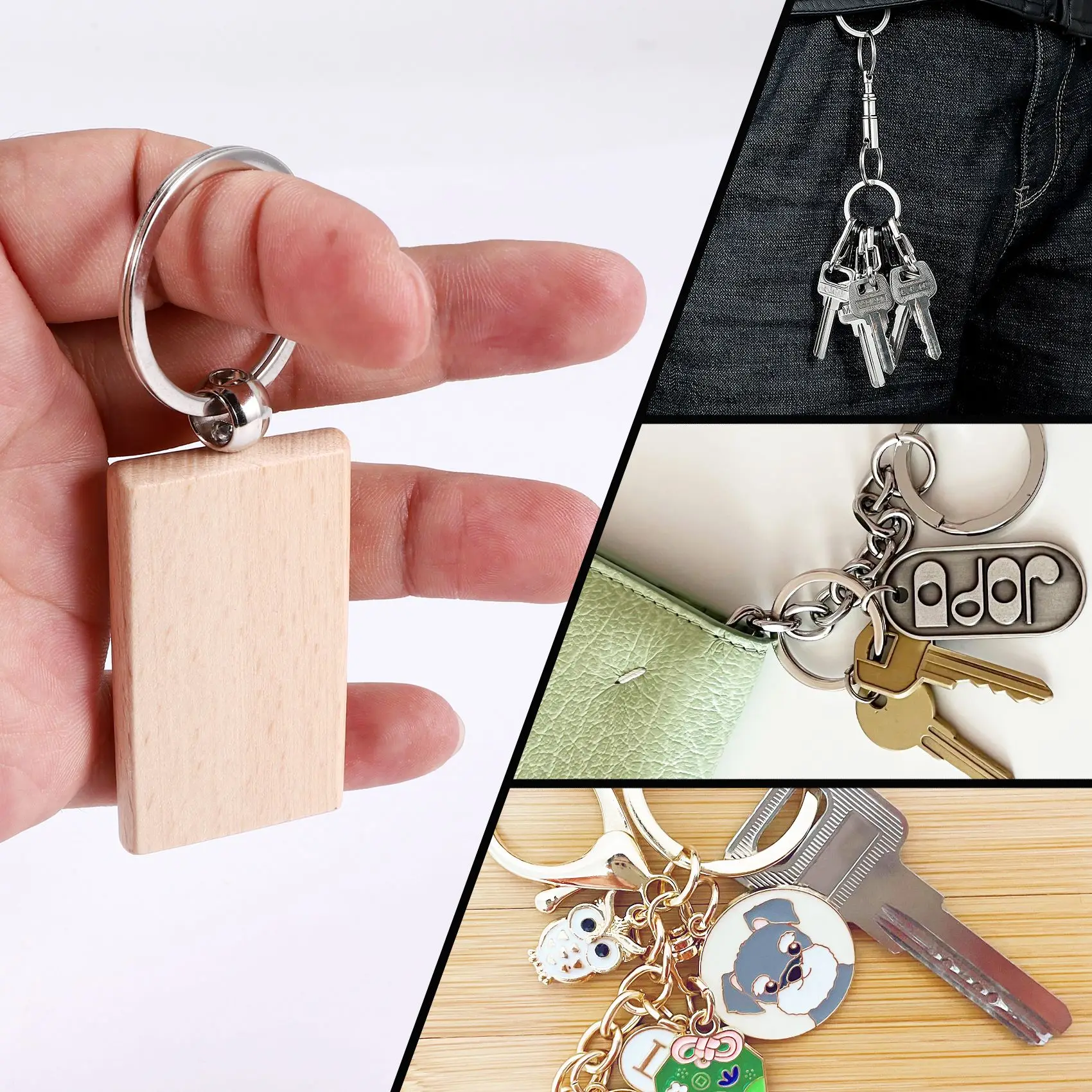 50 Blank Wooden Keychain Rectangular Engraving Key ID Can Be Engraved DIY
