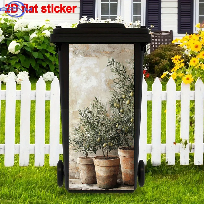 Terracotta Pots Trash Can Sticker, Olives Self-Adhesive Art Stickers, Gorgeous Trash Can Decal Greenery Trash Can Decals, Ston