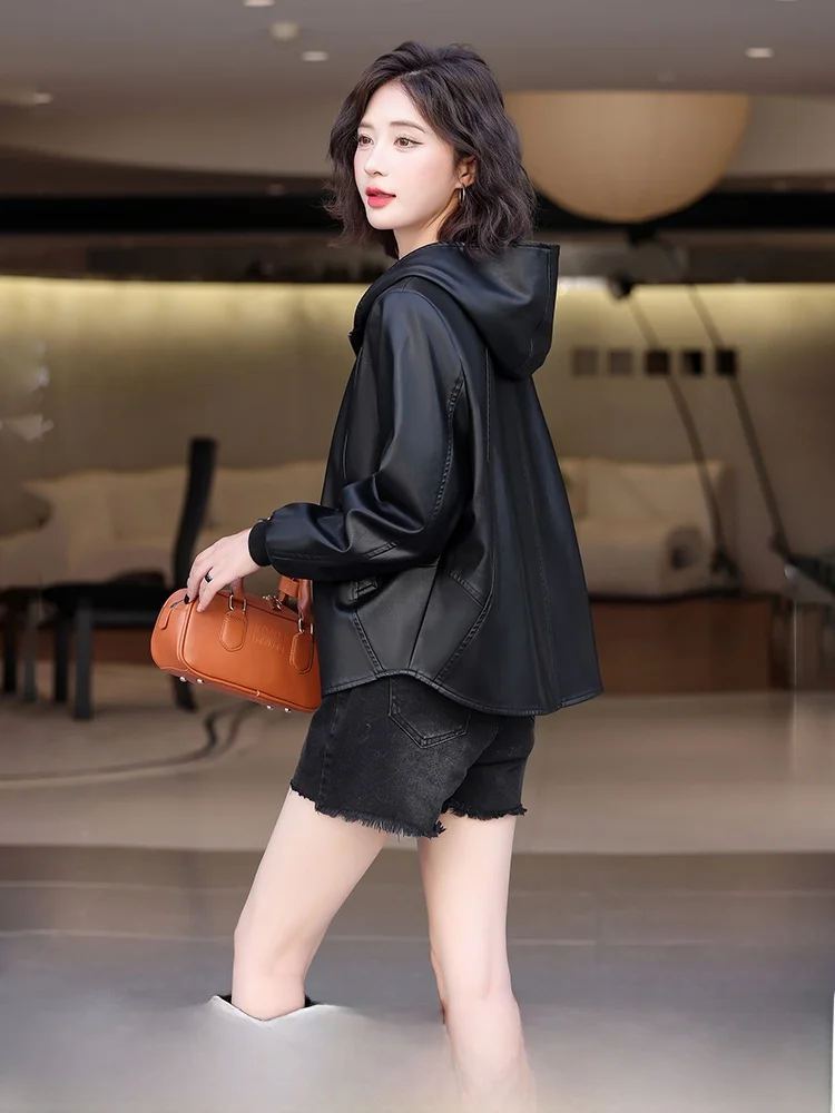 

New Arrival Haifeng Real Leather Jaet Women's ort Loose Casual Korean Sle eepskin Coat Slimming Hooded Outerwear