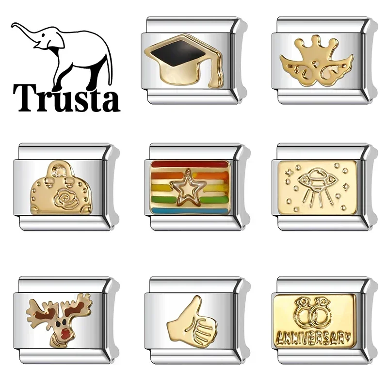 Trusta 2024 Women Crown Star Handbag Charm Italian Links 9mm Bracelet Stainless Steel for Girls Birthday Gift DIY Jewelry N114