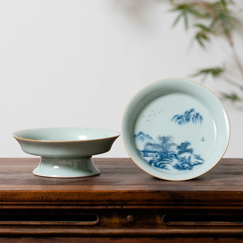 Porcelain Kung Fu Tea Pot Bearing, Dry Bubble Table, Tea Tray, Blue and White, Sky Green Kiln, Small Pot Bearing Fruit Tray