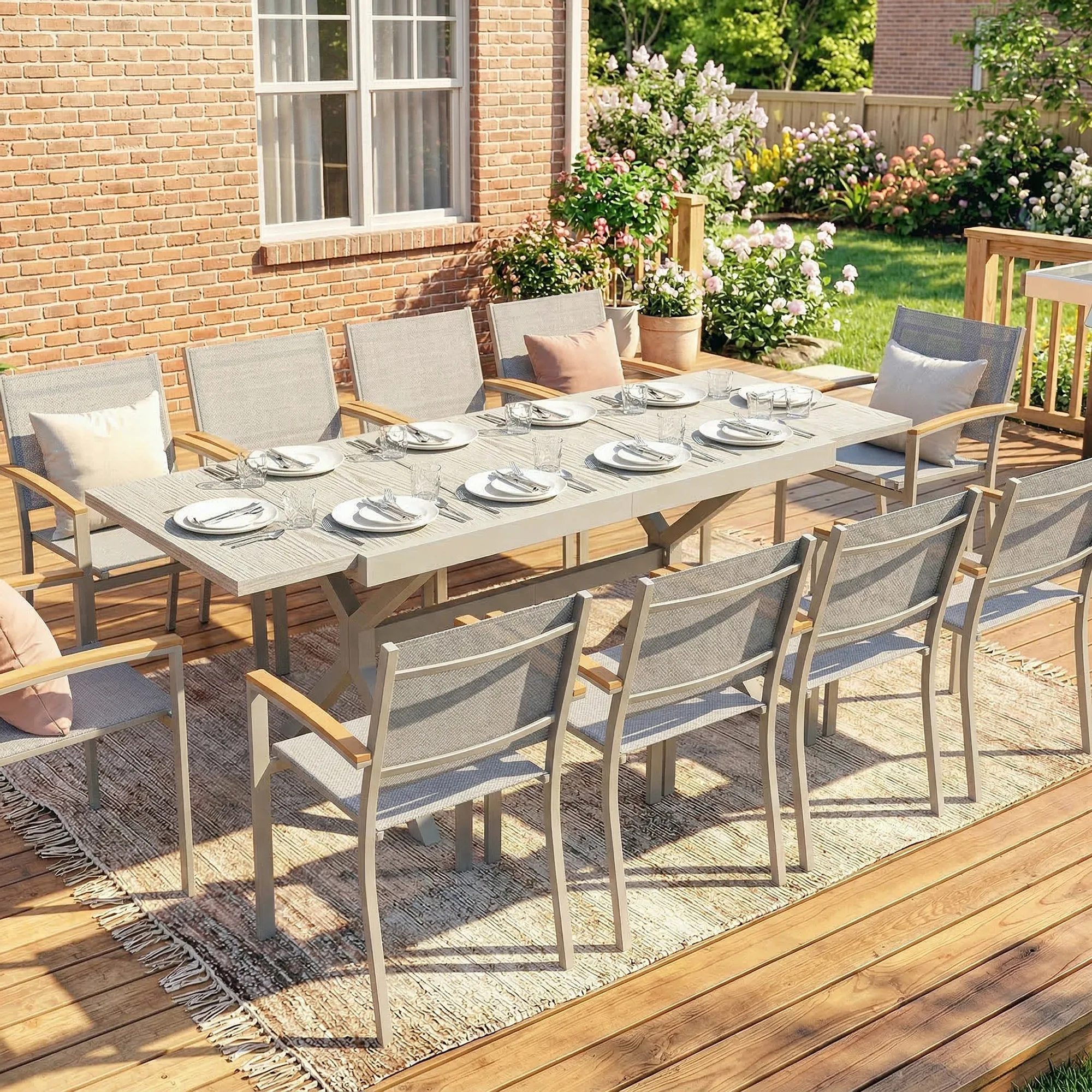 Outsunny Mesa de Jardín Extensible con Superficie de Aluminio, 154/214x85 cm, Mesa de Comedor Exterior Extensible Rectangular con Imitación Madera para 8-10 Personas, para Patio, Terraza