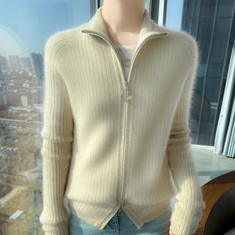 Autumn Winter New Cashmere Sweater Women's Knitted Stand Collar Cardigan Double Zipper Long Sleeved Tops 100% Merino Wool Jacket