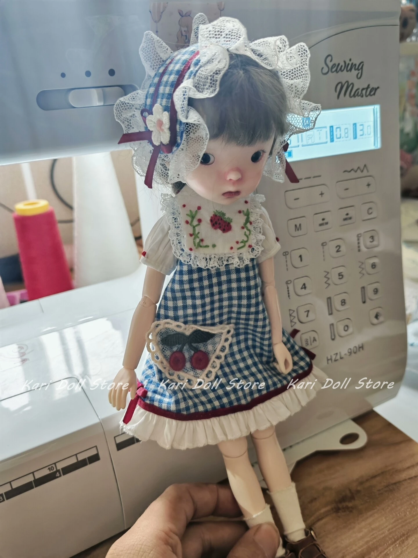 2026 Kari Doll Clothes and skirts Blue and white checkered cherry dress set for Landazz Landoudou Doll