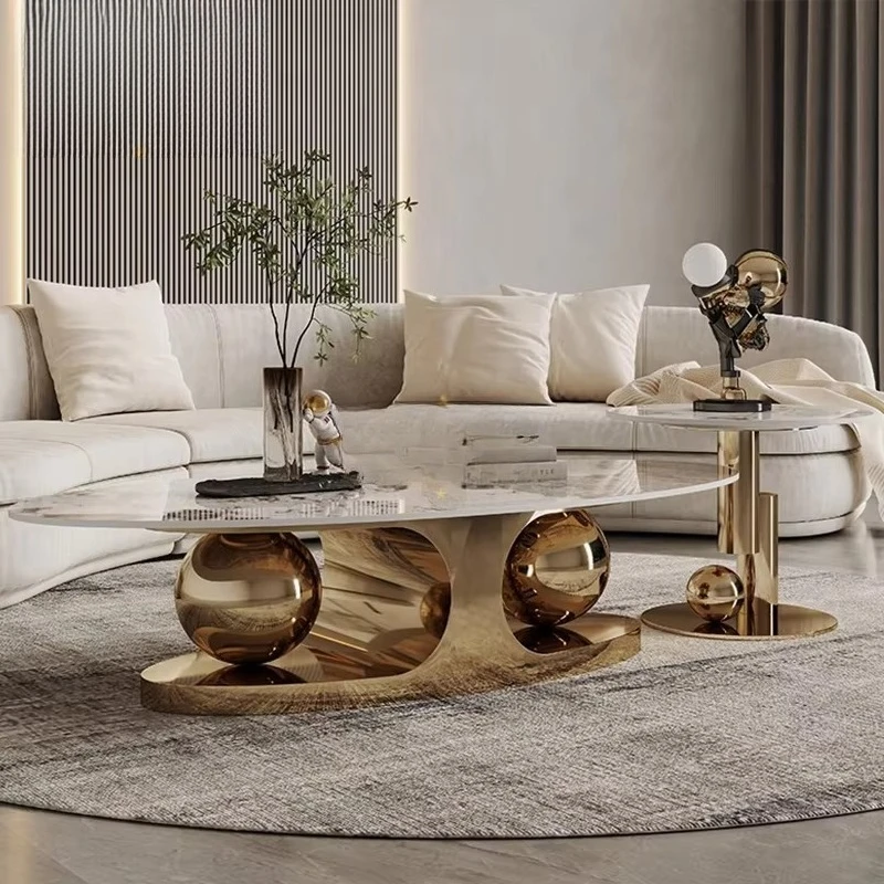 

Modern luxury coffee table gold stainless steel frame white sinter oval living room coffee table