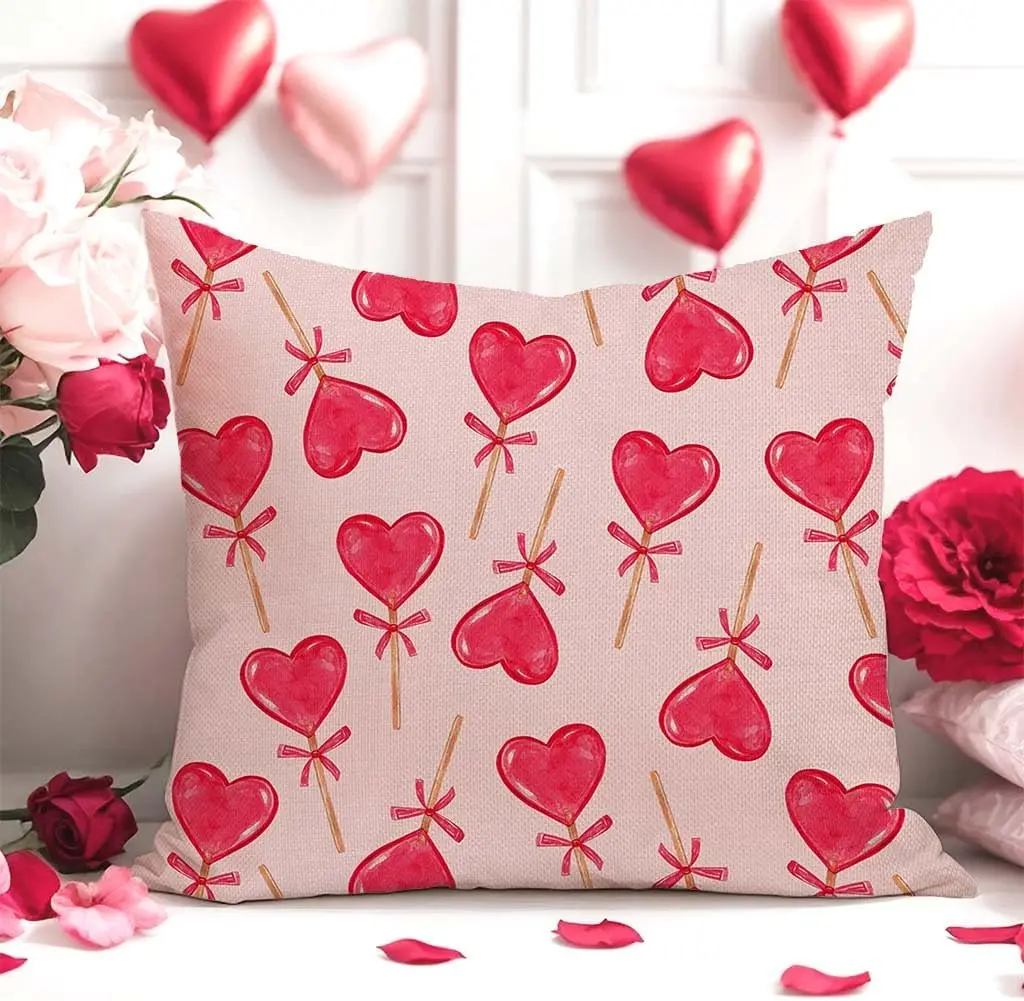 Valentines Pillow Covers 18X18 Inch Set of 2 Lollipops Candy Heart Love Bow Red Valentines Day Decorations Outdoor