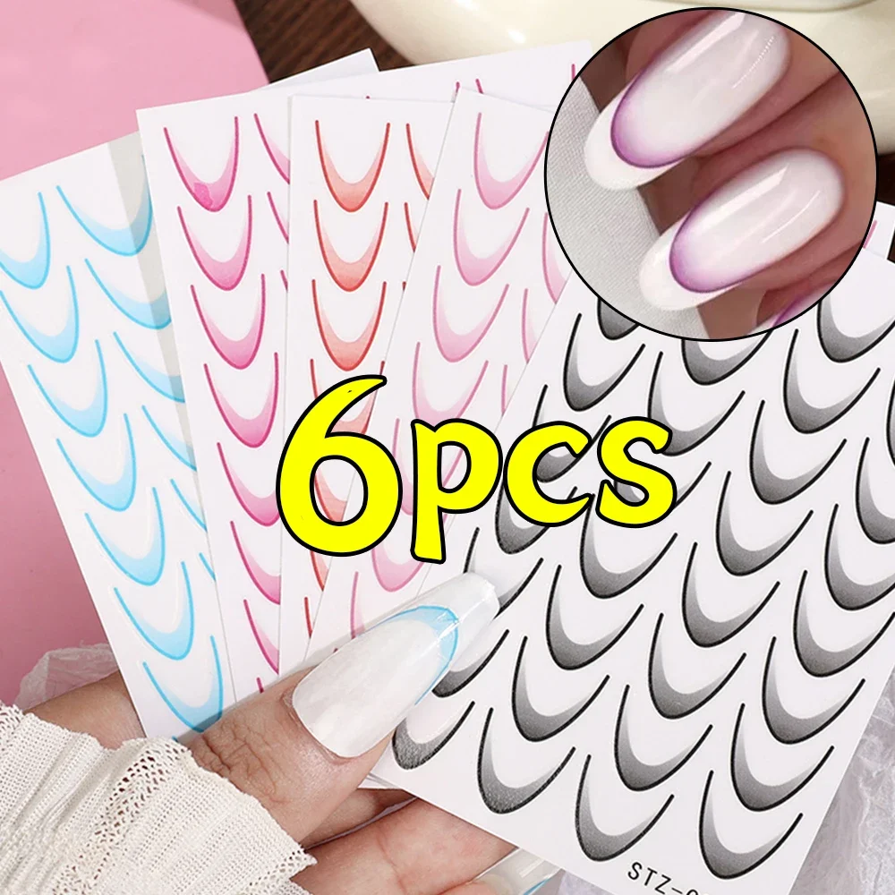 Gradientowe francuskie naklejki na paznokcie 6 sztuk linie w paski projekt Nails Art samoprzylepne DIY Manicure naklejka dekoracyjna suwak do paznokci wzornik