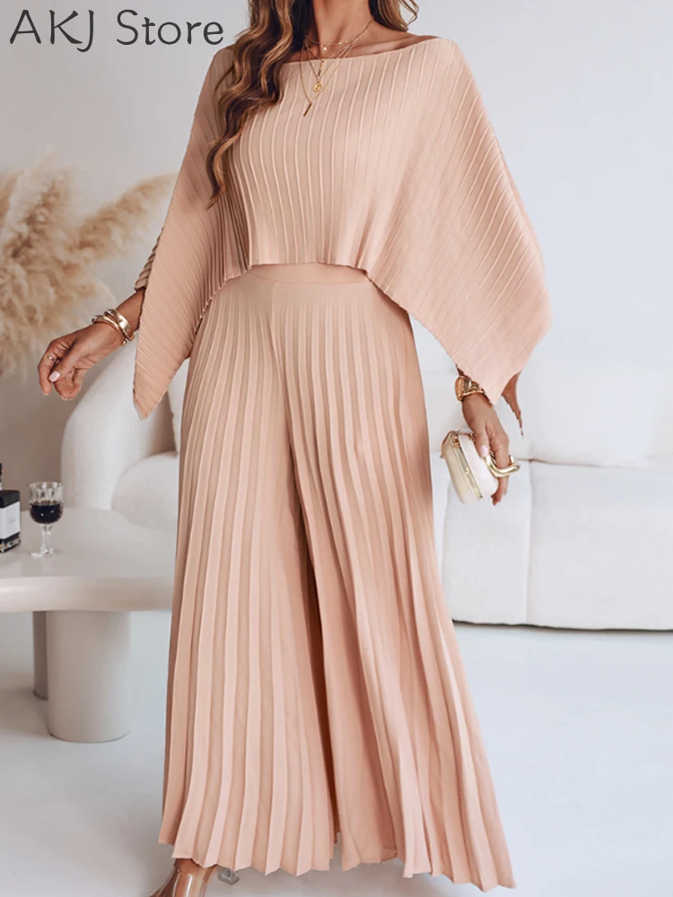 

2 Pieces Outfit Irregular Hem Slit Sleeve Top and High Waist Wide Leg Pleated Pants Sets