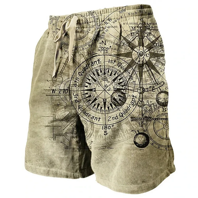 Men\'s Beach Shorts Compass Pattern 3D Retro Printed Shorts Men\'s Summer Breathable Drawstring Shorts Fitness Street Shorts