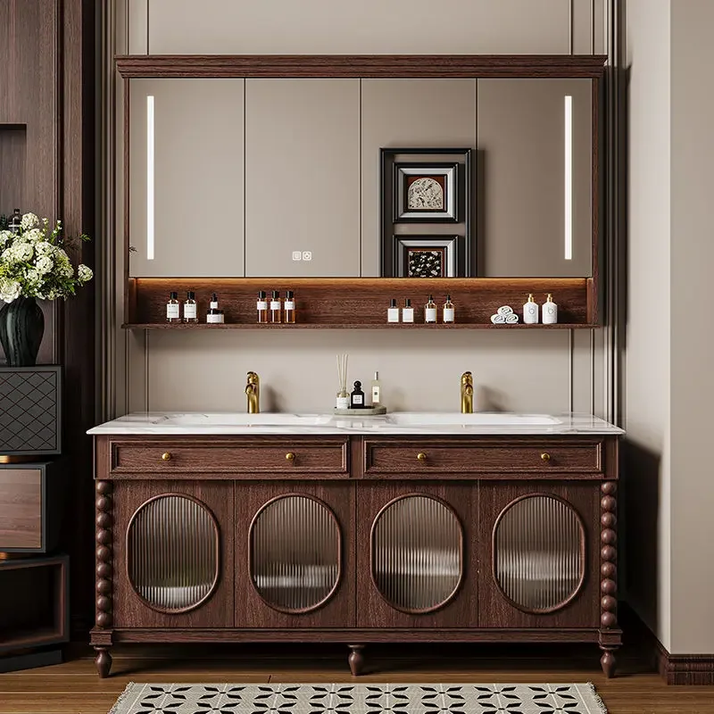Double basin French retro bathroom cabinet combination Chinese washbasin oak American luxury stone washbasin solid wood