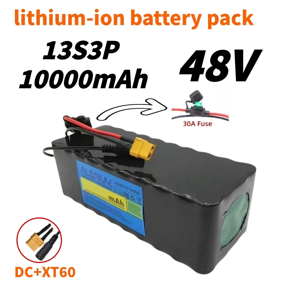 13S3P 10000mAh 48V Rechargeable lithium-ion battery pack with BMS, 30A fuse, suitable for 250W 350W 500W 750W scooter motor