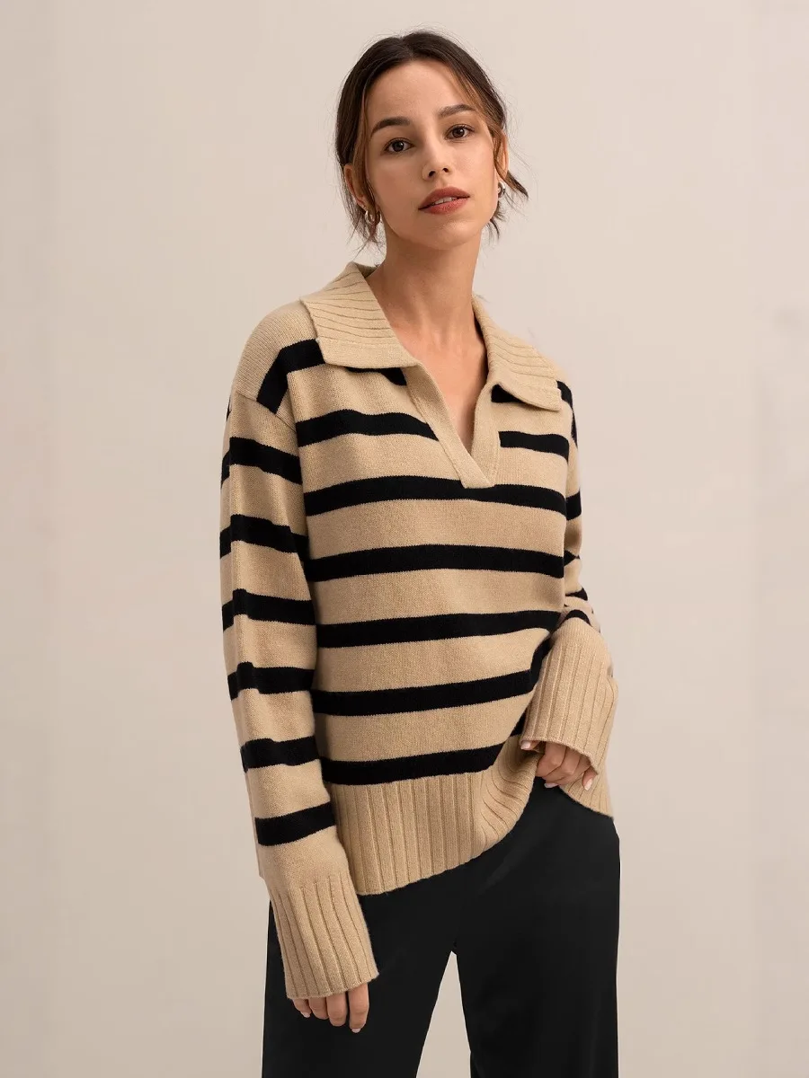 

Autumn Women Striped Pullover Sweater Fashion 2025 Spliced Polo Knitwear Shirt Warm Vintage Casual Soft Female Knitted Sweater